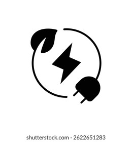 Green eco energy icon. Simple solid style. Clean power, transition, lightning in circle with plant leaf and plug, renewable concept. Black silhouette, glyph symbol. Vector illustration isolated.