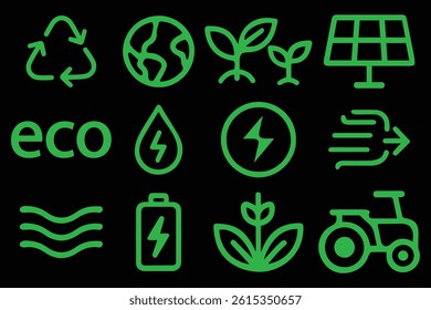 Green Eco Energy Icons Set – Renewable Energy, Sustainable Farming, Recycling, Clean Power Vector Illustration