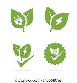 Green eco energy label sticker icon, sustainable electric renewable logo with lightning bolt tag graphic illustration set, natural resources tech power sign symbol image clipart modern design