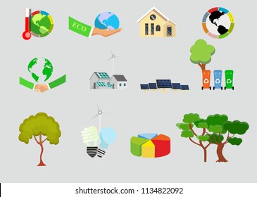 Green eco, environmental friendly, energy saving modern technologies set, vector icons isolated