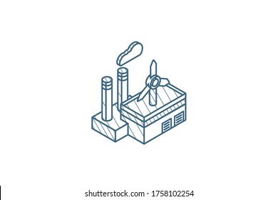 Green Eco Factory Building, Manufacture Whith Wind Turbines Isometric Icon. 3d Vector Illustration. Isolated Line Art Technical Drawing. Editable Stroke