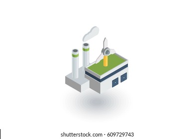 green eco factory building, manufacture whith wind turbines isometric flat icon. 3d vector colorful illustration. Pictogram isolated on white background