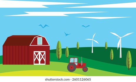 Green Eco Farming with Tractor and Wind Turbines Flat Style. Producing crops, vegetables and ecological energy vector art