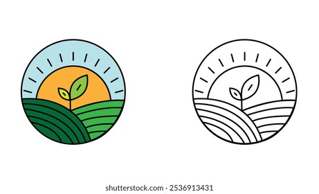 Green Eco Field with a Sprout and Sunshine Line Art Emblem. Farming, growing crops and agriculture concept vector art