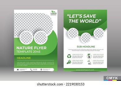 Green eco flyer, poster, brochure, magazine, annual report, book, booklet cover banner template. Modern green leaf, environment design. Size A4 CMYK Vector illustration