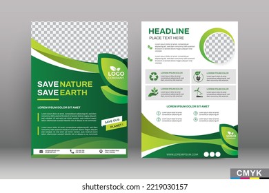 Green eco flyer, poster, brochure, magazine, annual report, book, booklet cover banner template. Modern green leaf, environment design. Size A4 CMYK Vector illustration