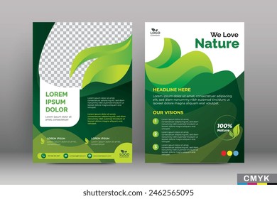 Green eco flyer, poster, brochure, magazine, annual report, book, booklet cover banner template. Modern green leaf, environment design. Size A4 CMYK Vector illustration