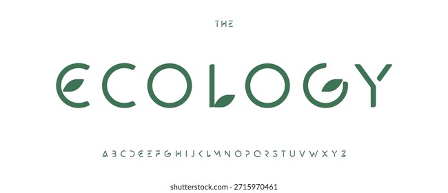Verde Eco Fonte Folha Logo Alfabeto Letras finas elegantes Definir Tipografia Moderna, Natureza Design Tipográfico para Texto de Título, Typo Poster Headline, Tipo de Logotipo de Símbolo, Fontes Sans Serif. face de tipos vetorial