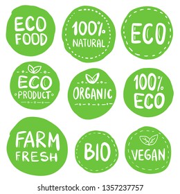 Green Eco Food Labels. Health Headings. Hand Drawn Vector Illustration Collection.