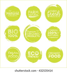 Green Eco Food Labels. Health Headings. Vector Illustration Collection