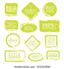 Green Eco Food Labels. Health Headings. Vector Illustration Collection.