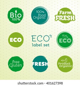 Green Eco Food Labels. Vector Illustration Collection