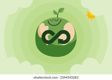 Green eco friendly of cartoon earth with green plant on green sky background. ESG, Ecology and environment concept. Vector Illustration for Landing Page Template.