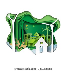 Green eco friendly city creative idea concept.Paper carving nature landscape and environment conservation paper art style.Vector illustration.