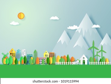 Green eco friendly city and nature forest landscape abstract background.Paper art of ecology and environment conservation creative idea concept design.Vector illustration.