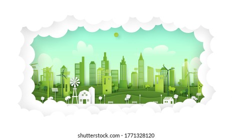 Green eco friendly city on natural background.Ecology and environment concept paper art style.