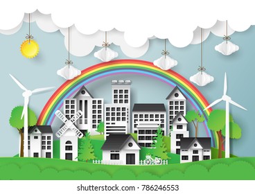 Green eco friendly city on landscape scene paper art style background.Environment conservation of sustainable energy creative concept idea.Vector illustration.