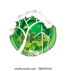 Green eco friendly city and save energy creative idea concept.Paper carving nature landscape and environment conservation paper art style.Vector illustration.