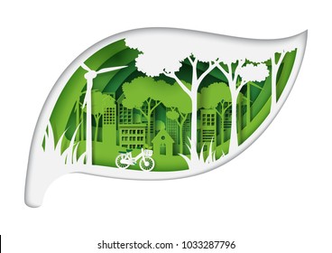 Green eco friendly city and urban forest nature landscape with ecology and environment conservation concept design with leaf shape of paper art style.Vector illustration.