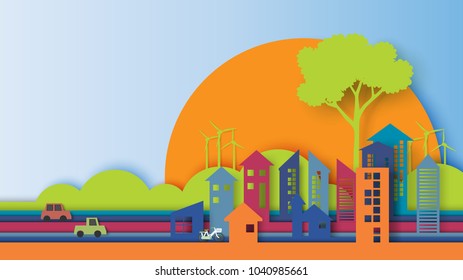 Green eco friendly city and urban forest landscape abstract background.Nature and environment conservation concept with colorful paper art design.Vector illustration.