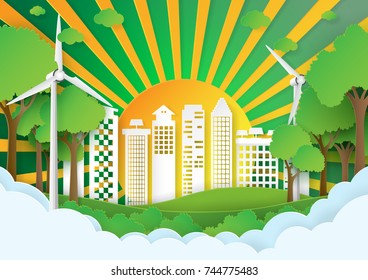 Green eco friendly city.Save the world and environment concept.Urban landscape and sunshine for green energy paper art style.Vector illustration.