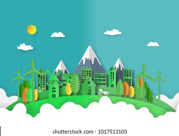 Green eco friendly and cityscape abstract background.Paper art of ecology and environment conservation creative idea concept design.Vector illustration.