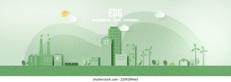 Green Eco Friendly Cityscape And Green Industry Background.Alternative Renewable Energy.Paper Art Of Ecology And Environment Concept.