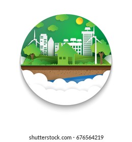 Green eco friendly concept and nature landscape with renewable energy for green city paper art style.Vector illustration.