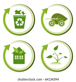 Green eco friendly design concepts – recycle bin, green transport, green house, green seedling.