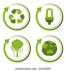 Green eco friendly design concepts - recycle, energy saving light bulb, reforestation, green earth.