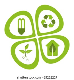 Green eco friendly design elements - energy saving light bulb, recycle symbol, green seedling, green house.