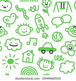 Green eco friendly doodle icon seamless pattern. Cute happy kid drawing symbol wallpaper print, ecology education concept background illustration texture.