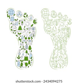 Green eco friendly footprint filled with ecology icons. Reduce carbon footprint, vector illustration. Ecology concept, recycling sustainability, renewable energy, net zero emissions by 2050