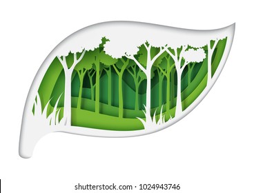 Green eco friendly forest nature landscape with ecology and environment conservation concept design with leaf shape of paper art style.Vector illustration.