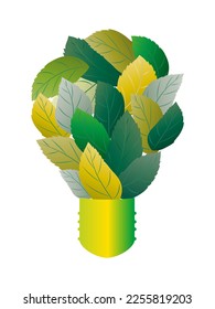 Green eco friendly fresh leaf light bulb isolated on white background. Energy saving, ecology and environment resource conservation concept. Vector.