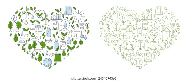 Green eco friendly heart filled with ecology icons and signs. Vector illustration, design element. Ecology concept, recycling sustainability, renewable energy, net zero emissions by 2050