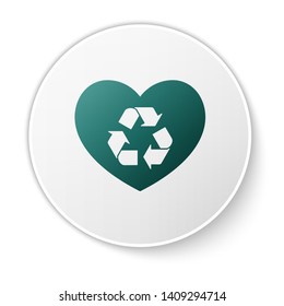 Green Eco friendly heart icon isolated on white background. Heart eco recycle nature bio. Environmental concept. White circle button. Vector Illustration