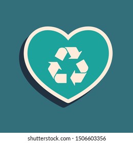 Green Eco friendly heart icon isolated on blue background. Heart eco recycle nature bio. Environmental concept. Long shadow style. Vector Illustration