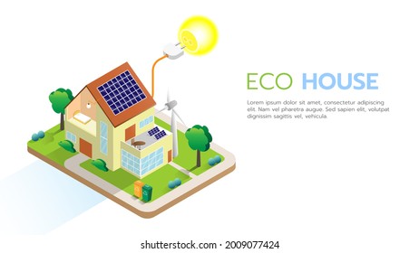 Green eco friendly house concept with solar energy panel and ecological equipment - wind turbine isometric infographic vector illustration. Suitable for diagrams, infographics and illustration