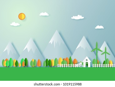 Green eco friendly house and nature forest landscape abstract background.Paper art of ecology and environment conservation creative idea concept design.Vector illustration.
