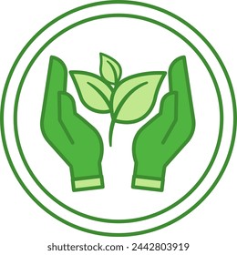 Green Eco Friendly Icon. Vector Icon of Young Plant with Human Hands. Organic Natural Food Label