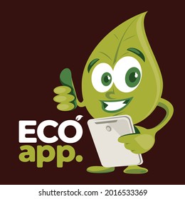 Green Eco friendly leaf mascot illustration character with tablet technology and thumb up