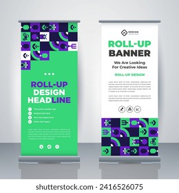 Green Eco friendly lifestyle Geometric Business Roll Up. Standee Design. Banner Template. Geometric x-banner and flag-banner advertising. Vector illustration.