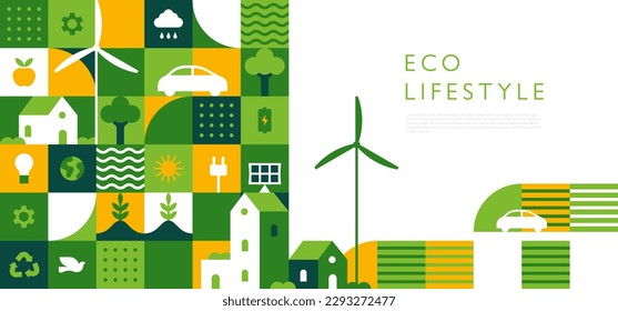 Green eco friendly lifestyle web template mosaic illustration with nature abstract shapes. Sustainable energy concept landing page background. Minimalist environment shape website, geometry collage.