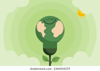 Green eco friendly of light bulb with earth on green sky background. ESG, Ecology and environment concept. Vector Illustration for Landing Page Template.