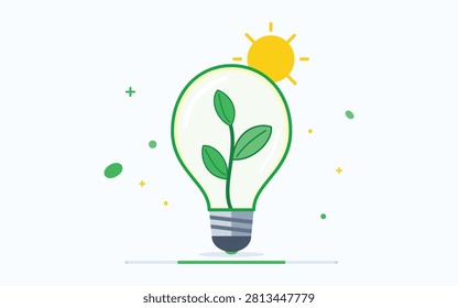 Green eco friendly lightbulb with growing plant sprout and sun lightbulb environment sustainable