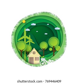 Green eco friendly living creative idea concept.Paper carving nature landscape and environment conservation paper art style.Vector illustration.