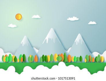 Green eco friendly and nature forest landscape background.Paper art of ecology and environment conservation creative idea concept design.Vector illustration.