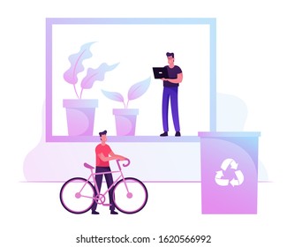 Green Eco Friendly Office Concept. Businessman Riding at Work on Bicycle, Male Character Working at Place with Plants and Recycling Litter Bin for Garbage Separation. Cartoon Flat Vector Illustration