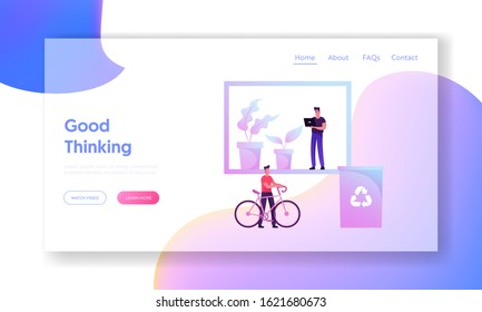Green Eco Friendly Office Website Landing Page. Businessman Riding at Work on Bicycle, People Working at Place with Plants and Recycling Litter Bin Web Page Banner. Cartoon Flat Vector Illustration